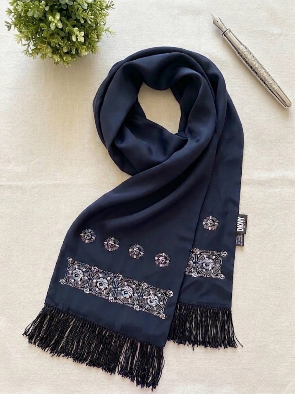 DKNY Black Scarf with Embroidered Motifs and Fringe